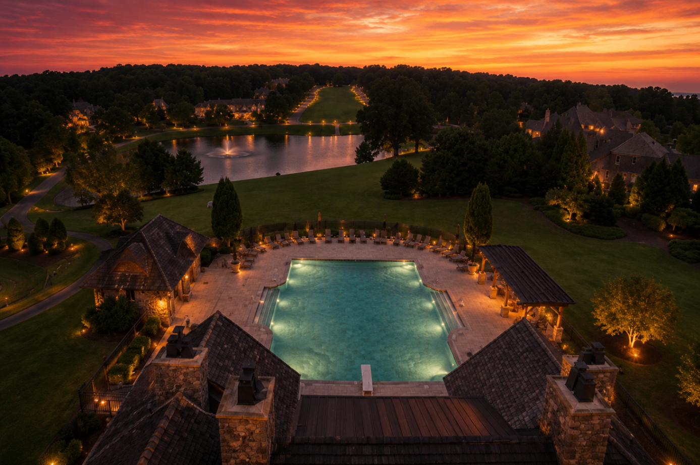 Aerial view of Skyecroft private lake, clubhouse pool and estates at sunset