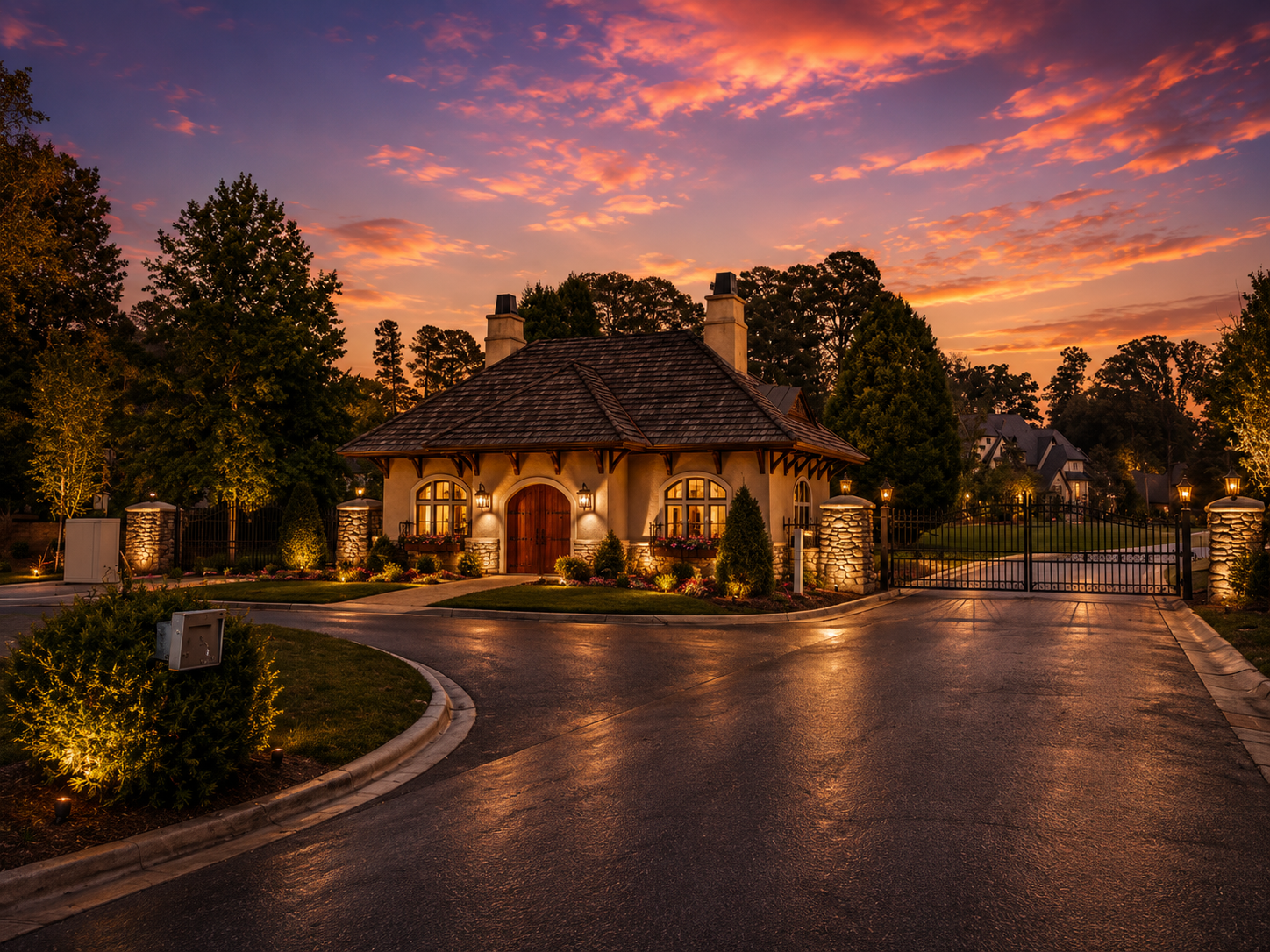 Skyecroft limestone gatehouse and private gated drive at twilight