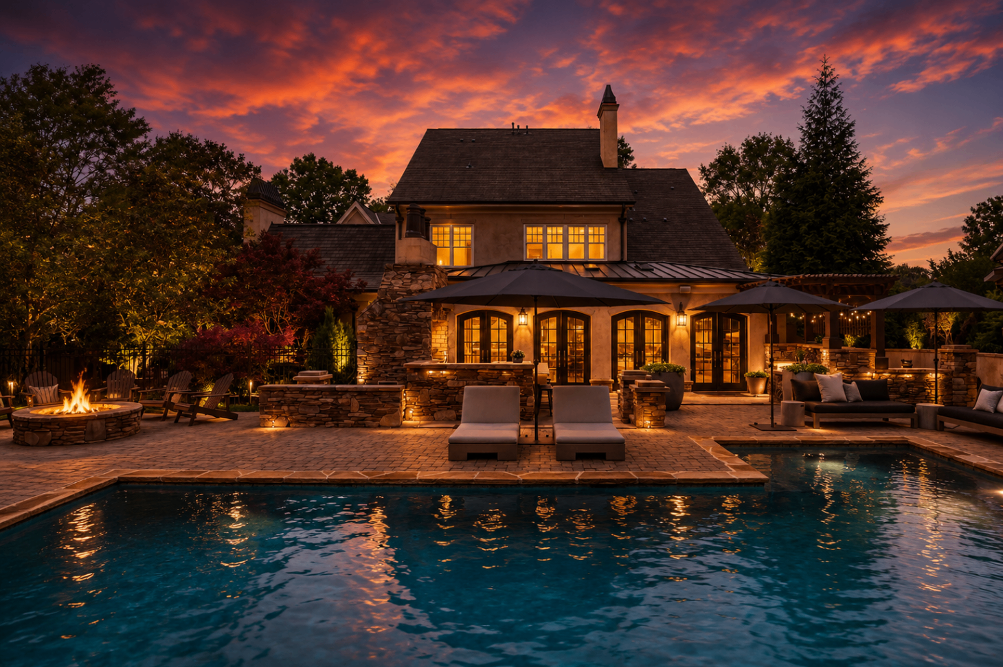 Skyecroft residence rear terrace with pool, fire pit and loggia at sunset